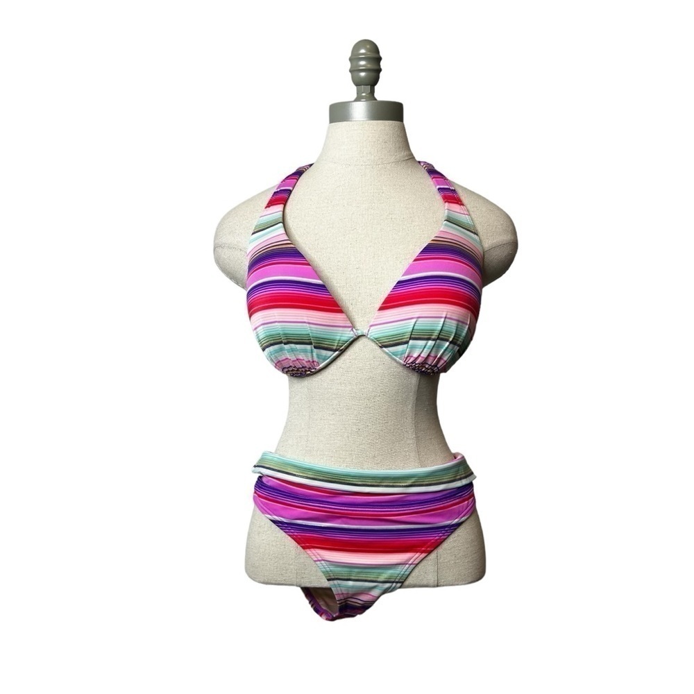 Victoria’s Secret y2K Multi Stripe Push Up Halter Fold Over Bikini Small 34DD - Picture 9 of 14